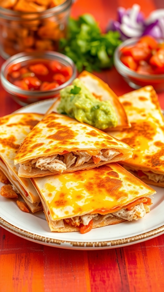 Cheesy chicken quesadillas cut into wedges, served with salsa and guacamole on a colorful plate.